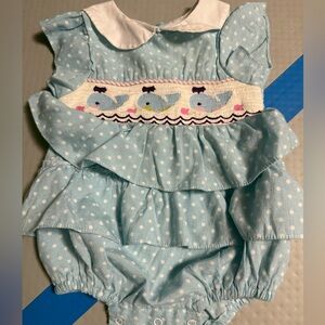 Blue Polka Dot Baby Romper with Whale Design